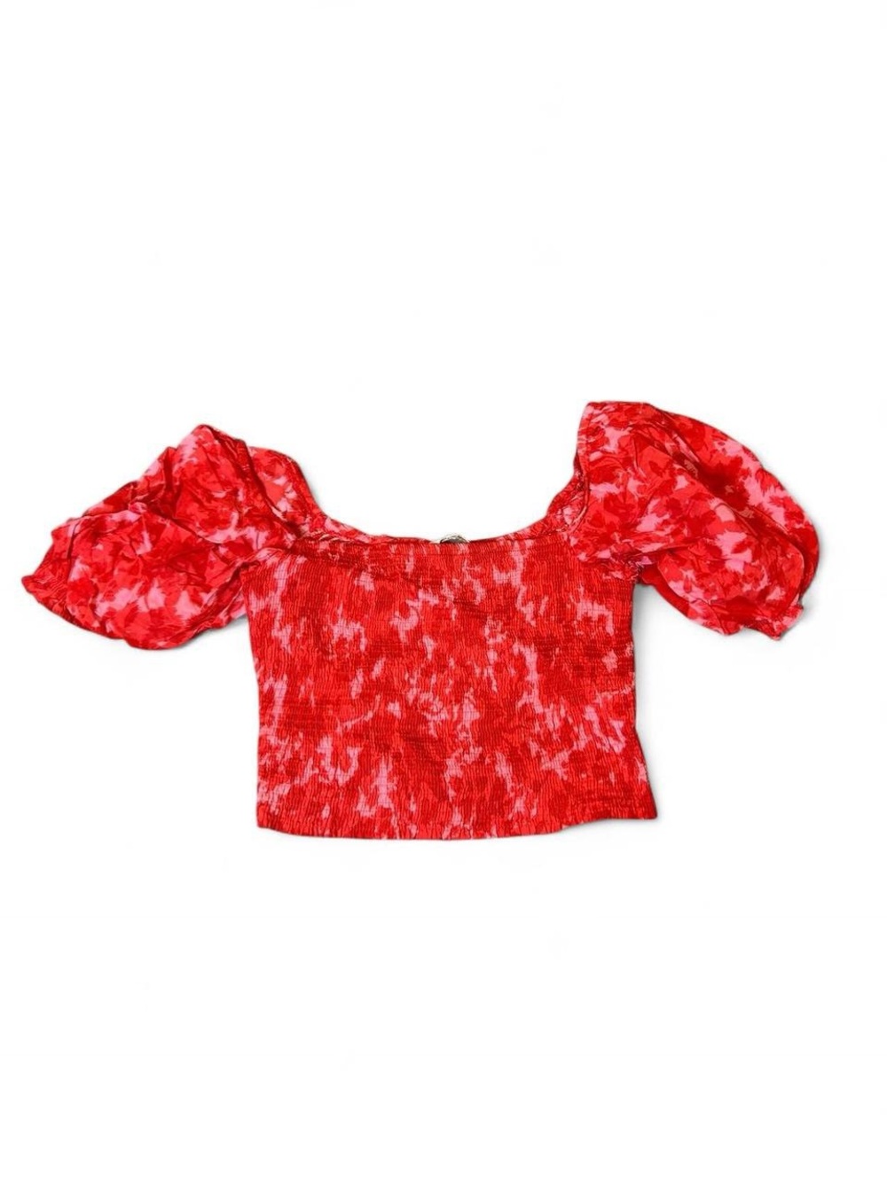 Oliviaceous Red Puff-Sleeve Smocked Crop Top Large